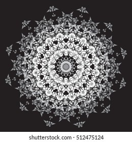 Decorative ornate. Geometric mandala icon isolated for card, Vector mandala in black and white. For invitation, scrapbook, banner, postcard, tattoo, yoga, boho, magic or flyer. Vector illustration.