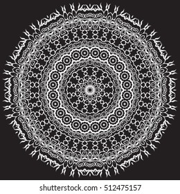 Decorative ornate. Geometric mandala icon isolated for card, Vector mandala in black and white. For invitation, scrapbook, banner, postcard, tattoo, yoga, boho, magic or flyer. Vector illustration.