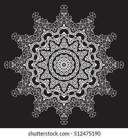 Decorative ornate. Geometric mandala icon isolated for card, Vector mandala in black and white. For invitation, scrapbook, banner, postcard, tattoo, yoga, boho, magic or flyer. Vector illustration.