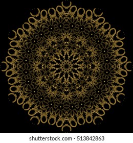 Decorative ornate gold mandala icon isolated for card, Mandala in black, gold. For invitation card, scrapbook, banner, postcard, tattoo, yoga, boho, magic, carpet, tile or lace. Vector illustration.