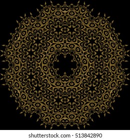 Decorative ornate gold mandala icon isolated for card, Mandala in black, gold. For invitation card, scrapbook, banner, postcard, tattoo, yoga, boho, magic, carpet, tile or lace. Vector illustration.