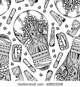 Decorative ornate hand drawn light bulb with bubbles, leaves and waves, ornate letters, idea word and dots. Seamless pattern. Creative background