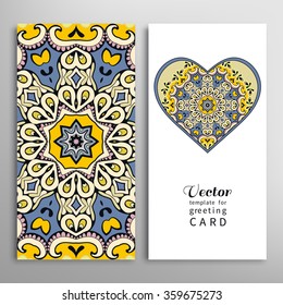 Decorative ornate heart and seamless geometric floral pattern with repeating texture. Vector template for Wedding, Bridal, Valentine's day, greeting cards or Birthday Invitations. 