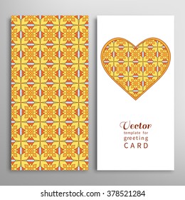 Decorative ornate heart and seamless geometric pattern with repeating texture. Vector template for Wedding, Bridal, Valentine's day, greeting cards or Birthday Invitations. 