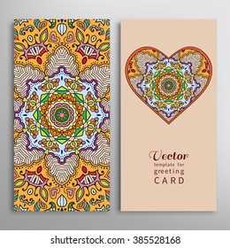 Decorative ornate heart and seamless geometric floral pattern with repeating texture. Vector template for Wedding, Bridal, Valentine's day, greeting cards or Birthday Invitations. 