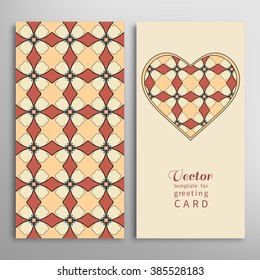 Decorative ornate heart and seamless geometric floral pattern with repeating texture. Vector template for Wedding, Bridal, Valentine's day, greeting cards or Birthday Invitations. 