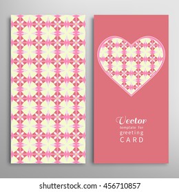 Decorative ornate heart and seamless geometric floral pattern with repeating texture. Vector template for Wedding, Bridal, Valentine's day, greeting cards or Birthday Invitations.
