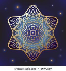 Decorative ornate Indian or Arabian round lace mandala. Snowflake. Vintage vector pattern. Invitation, wedding card, scrapbooking. Christmas card design. Gold over black. Colored vector illustration.
