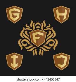 Decorative ornate monogram emblem template. Set of vector signs. Shield with crown and letters from F to J.