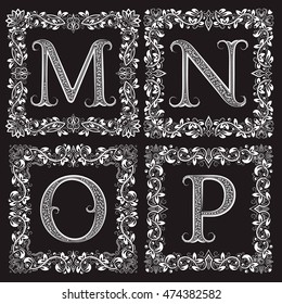 Decorative ornate monograms set. M, N, O, P vintage letters in square floral frames.