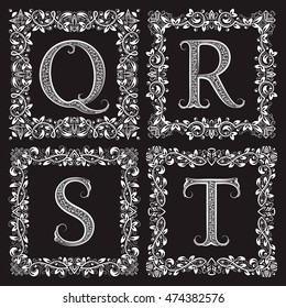Decorative ornate monograms set. Q, R, S, T vintage letters in square floral frames.