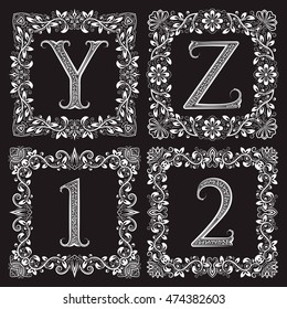 Decorative ornate monograms set. Y, Z vintage letters and 1, 2 numbers in square floral frames.