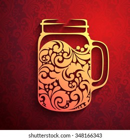 Decorative ornate mulled wine in a jar mug. Hot mulled wine icon logo on red ornate pattern background. Vector illustration drink design