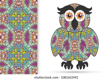 Decorative ornate owl and vertical seamless pattern with floral geometric repeating texture, ethnic ornament. Isolated element for t-shirt print, invitation or greeting card design