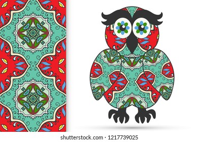 Decorative ornate owl and vertical seamless pattern with floral geometric repeating texture, ethnic ornament. Isolated element for t-shirt print, invitation or greeting card design