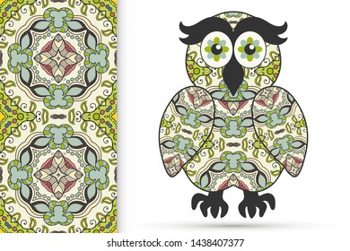 Decorative ornate owl and vertical seamless pattern with floral geometric repeating texture, ethnic ornament. Isolated element for t-shirt print, invitation or greeting card design