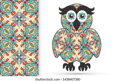 Decorative ornate owl and vertical seamless pattern with floral geometric repeating texture, ethnic ornament. Isolated element for t-shirt print, invitation or greeting card design