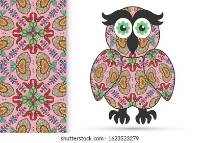 Decorative ornate owl and vertical seamless pattern with floral geometric repeating texture, ethnic ornament. Isolated element for t-shirt print, invitation or greeting card design