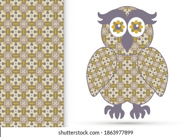 Decorative ornate owl and vertical seamless pattern with floral geometric repeating texture, ethnic ornament. Isolated element for t-shirt print, invitation or greeting card design