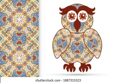 Decorative ornate owl and vertical seamless pattern with floral geometric repeating texture, ethnic ornament. Isolated element for t-shirt print, invitation or greeting card design