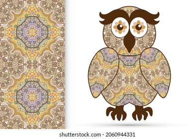 Decorative ornate owl and vertical seamless pattern with floral geometric repeating texture, ethnic ornament. Isolated element for t-shirt print, invitation or greeting card design