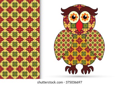 Decorative ornate owl and vertical seamless pattern with floral geometric repeating texture, ethnic ornament. Isolated element for t-shirt print, invitation or greeting card design