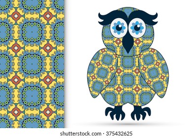 Decorative ornate owl and vertical seamless pattern with geometric repeating texture, ethnic ornament. Isolated element for t-shirt print, invitation or greeting card design