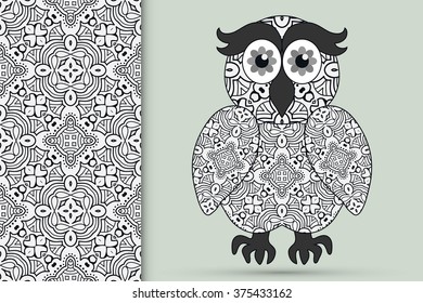 Decorative ornate owl and vertical seamless pattern with floral geometric repeating texture, ethnic ornament. Isolated element for t-shirt print, invitation or greeting card design. Black and white