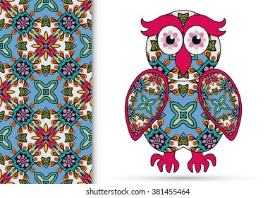 Decorative ornate owl and vertical seamless pattern with floral geometric repeating texture, ethnic ornament. Isolated element for t-shirt print, invitation or greeting card design