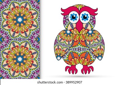 Decorative ornate owl and vertical seamless pattern with floral geometric repeating texture, ethnic ornament. Isolated element for t-shirt print, invitation or greeting card design