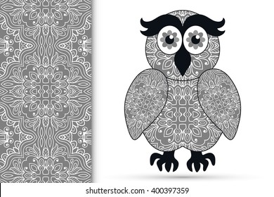 Decorative ornate owl and vertical seamless pattern with floral geometric repeating texture, ethnic ornament. Isolated element for t-shirt print, invitation or greeting card design