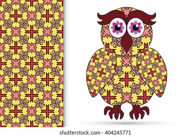 Decorative ornate owl and vertical seamless pattern with floral geometric repeating texture, ethnic ornament. Isolated element for t-shirt print, invitation or greeting card design