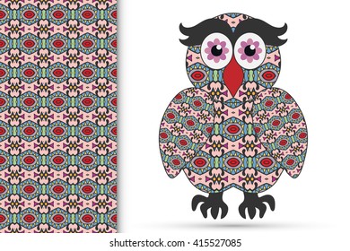 Decorative ornate owl and vertical seamless pattern with floral geometric repeating texture, ethnic ornament. Isolated element for t-shirt print, invitation or greeting card design