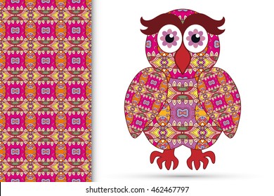 Decorative ornate owl and vertical seamless pattern with floral geometric repeating texture, ethnic ornament. Isolated element for t-shirt print, invitation or greeting card design