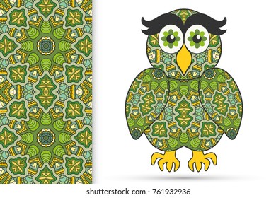 Decorative ornate owl and vertical seamless pattern with floral geometric repeating texture, ethnic ornament. Isolated element for t-shirt print, invitation or greeting card design