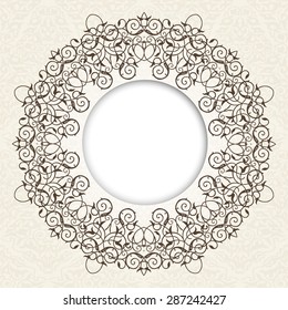 Decorative ornate round frame in Victorian style. Ornamental round border for wedding invitations and greeting cards.Vector illustration