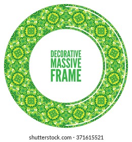 Decorative ornate round frame in Victorian style. Ornamental round border for wedding invitations and greeting cards.Vector illustration, green background.