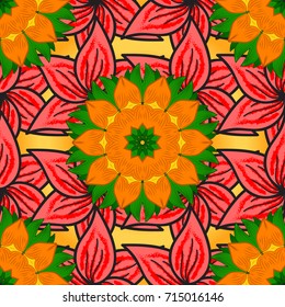 Decorative ornate round mandala. Colored over pink, orange and green. Invitation, wedding card, scrapbooking. Vintage vector pattern. Colored stickers, flash temporary tattoo, boho, magic symbol.