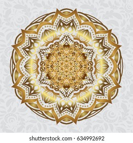 Decorative ornate round mandala. Gold over gray. Vintage vector pattern. Golden stickers, flash temporary tattoo, mehndi and yoga design, boho, magic symbol. Invitation, wedding card, scrapbooking.