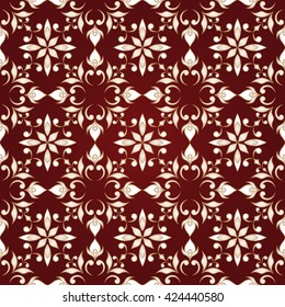 Decorative ornate seamless texture on red background.  Element for design. Ornamental backdrop. Ornate floral decor for wallpaper. Traditional golden decor on  red background.