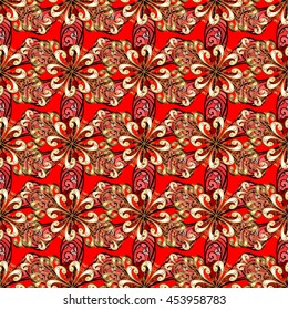 Decorative ornate seamless texture on red background. Vector illustrartion.