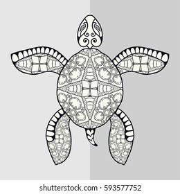 Decorative ornate sketch turtle, vector tribal totem animal, isolated elements for scrapbook, invitation or greeting card design. Gray, black and white
