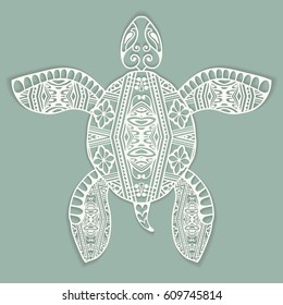 Decorative ornate sketch turtle, vector tribal totem animal, isolated element for scrapbook, invitation or greeting card design. White ornament with shadow on a green background. Vector artwork