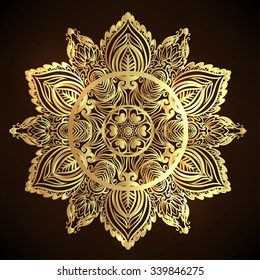 Decorative ornate snowflake looking like Indian round lace mandala. Vintage vector pattern. Invitation, wedding card, scrapbooking. Cristmas card design. Gold over black.