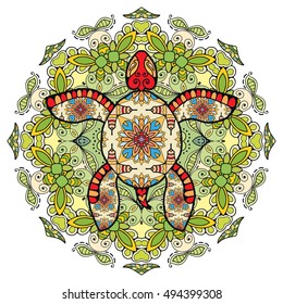Decorative ornate turtle and mandala geometric floral pattern. Vector tribal totem animal, isolated elements on a white background. Colorful round ornament, ethnic motif
