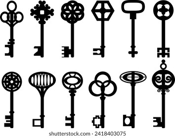 Decorative Ornate Vintage Key Sihouette, Medieval Abstract Key Elements