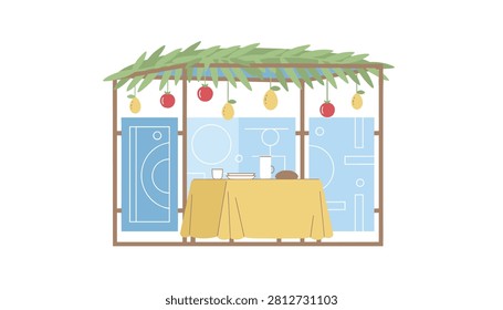 Decorative outdoor booth set with a table and fresh fruit under a roof of palm leaves and hanging produce for a holiday celebration.