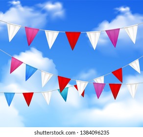 Decorative outdoor party slingers pennants red white pink against blue cloudy sky realistic closeup image vector illustration