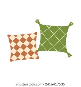 Decorative outdoor sofa pillows. Garden furniture and objects, soft cushions cartoon vector illustrations