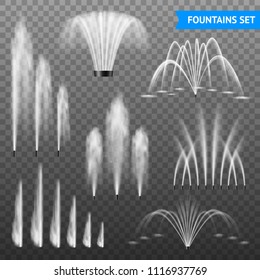 Decorative outdoor water fountains jet set of 7 various shapes size range against transparent background vector illustration 